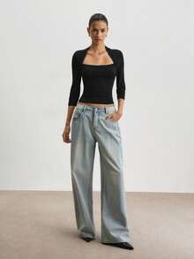 ATUI Studio Kaos Rajut Wanita Lengan 3/4 Leher Persegi Potongan Slim Fit - Hitam - View 5