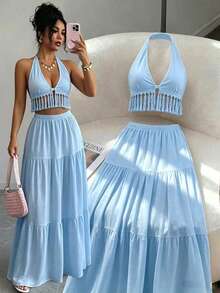 SHEIN Clasi Women's 2 Pieces Set Light Blue Strapless Back Tie Bustier Top Ruffle Trim Elastic Waist Layered Skirt Tropical Boho Beach Vacation Summer Outfit - Blue - View 1