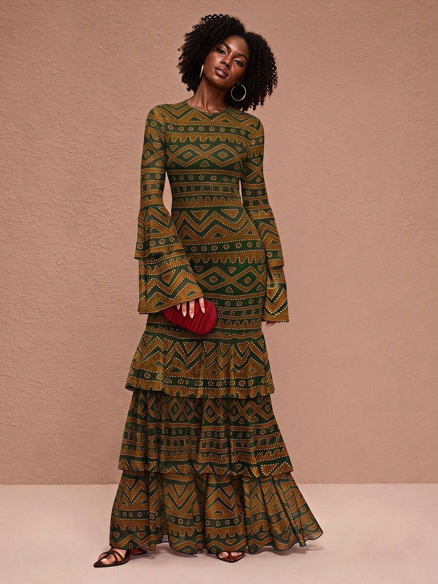 JIAN LASALA Black And Red All-Over Print Mesh Round Neck Layered Flared Sleeve Women Boho Dress - Multicolor - View 1