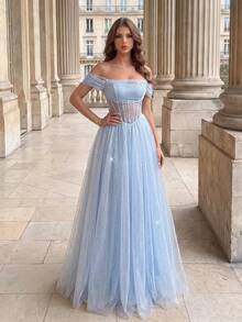 Poshira Women's Off-Shoulder Cinched Waist Elegant Ball Gown Dress (Intricate Design) - Blue - View 3
