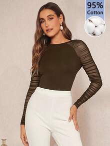 Amorya Women's Fashion Versatile Pleated Mesh Patchwork Top For Commute - Coffee Brown - View 6