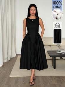 SHEIN PETITE Women's Solid Color Pleated Casual Party Dress - Black - View 3