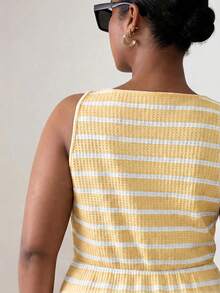ELLERISSA Plus Size Yellow & White Stripe Round Neck Sleeveless Front Button Waffle Knit Mini Dress - Multicolor - View 2