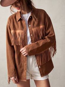 Bohemela Women's Drop Shoulder Long Sleeve Single-Breasted Casual Fringe Design Denim Jacket - Khaki - View 10