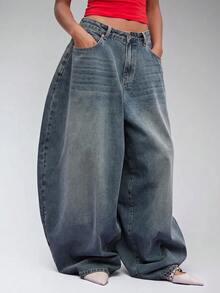 COUREZ Low Rise Baggy Balloon Fit Jeans In Washed Blue Wash Street Casual /  Y2K Autumn Clubbing Outfits For Women Pants For Women Rave Cotton Denim Fall - Navy Blue - View 5