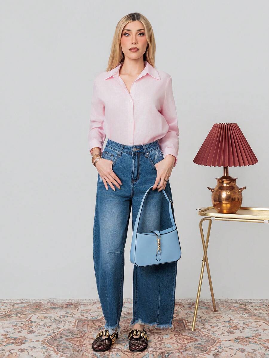 PRISCILA ESCOTO PRISCILA ESCOTO 女士粉色经典常规肩型商务长袖衬衫,纽扣开襟,适合都市通勤、办公室和休闲穿着,春夏款 - 粉色 - 查看 1