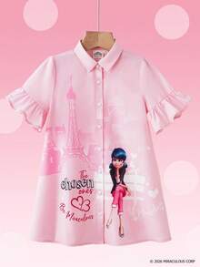 Miraculous Ladybug X SHEIN 女童荷叶边纽扣前开襟可爱印花夏季连衣裙 - 粉色 - 查看 1