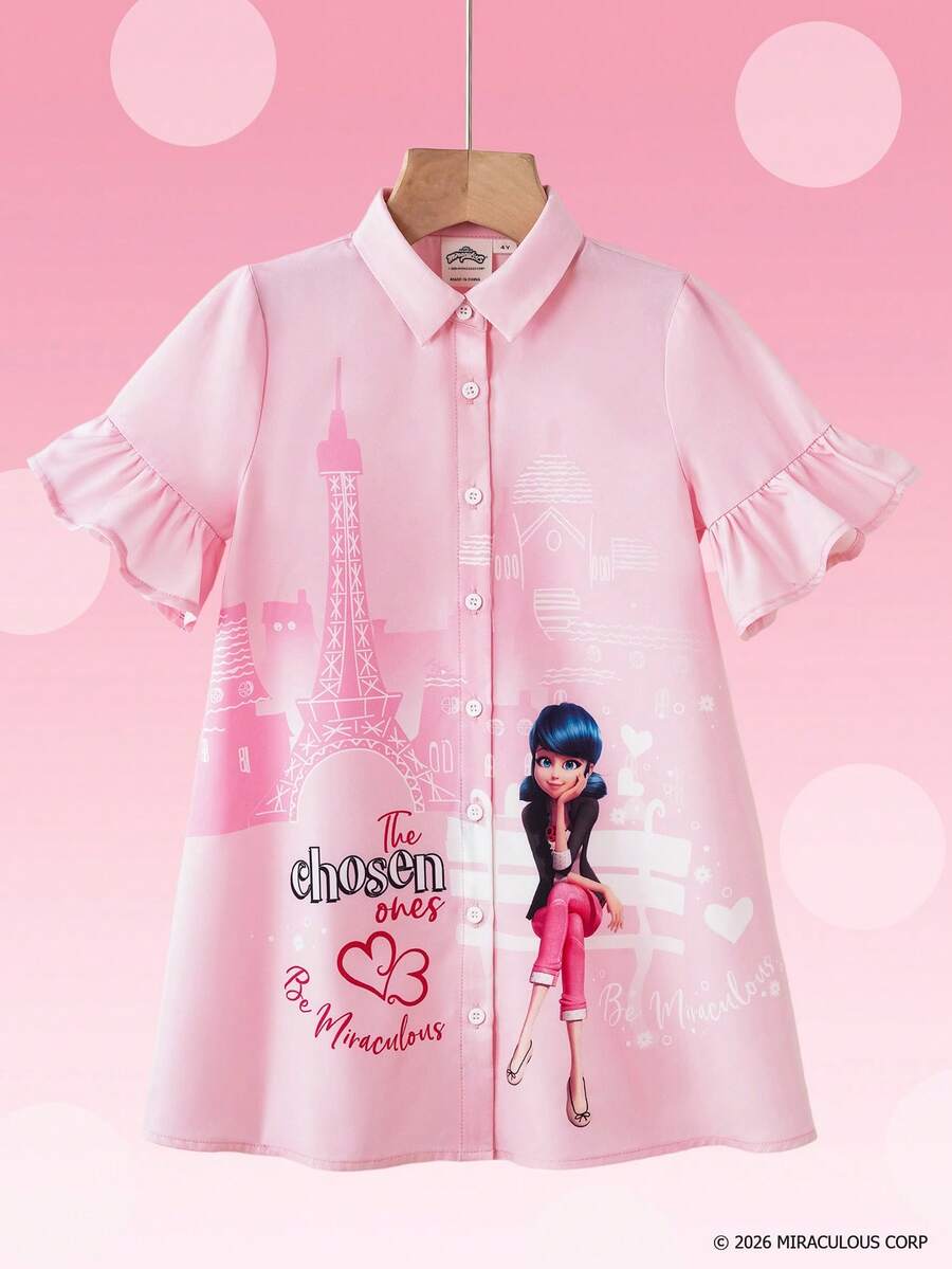 Miraculous Ladybug X SHEIN 女童荷叶边纽扣前开襟可爱印花夏季连衣裙 - 粉色 - 查看 1