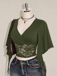 SHEIN ICON 女款法式蕾絲修身百褶甜美T恤 - 軍綠色 - 查看 9