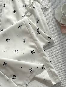 Elamini Sweet Cute Lace Trim Patchwork Bow Print Casual Commuter Wide Leg Long Pants - White - View 5