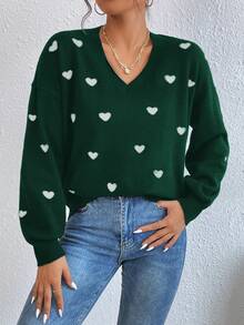 Cloudara Heart Pattern Drop Shoulder Sweater - Green - View 6