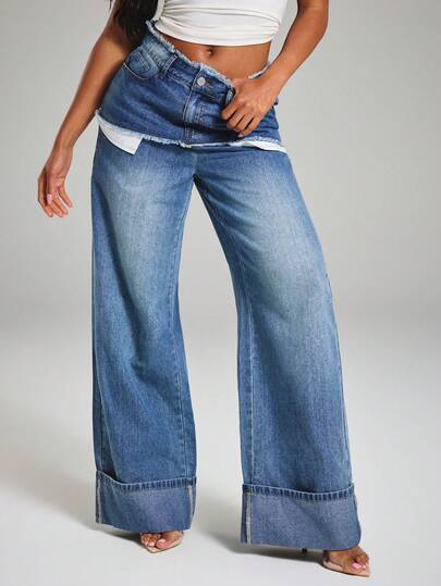 NYA SZN Denim Jean Raw Waistband Pockets Medium Wash Exposed Pocket Bag Casual Everyday Going Out Statement Elevated Basic