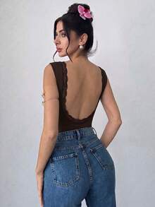 Firerie 女款優雅浪漫蕾絲拼接連身衣，適合派對與度假 - 棕色 - 查看 6