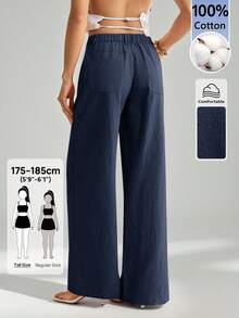 SHEIN Tall 100%水洗棉低腰直筒長褲，適合高個女性 - 藏蓝色 - 查看 2