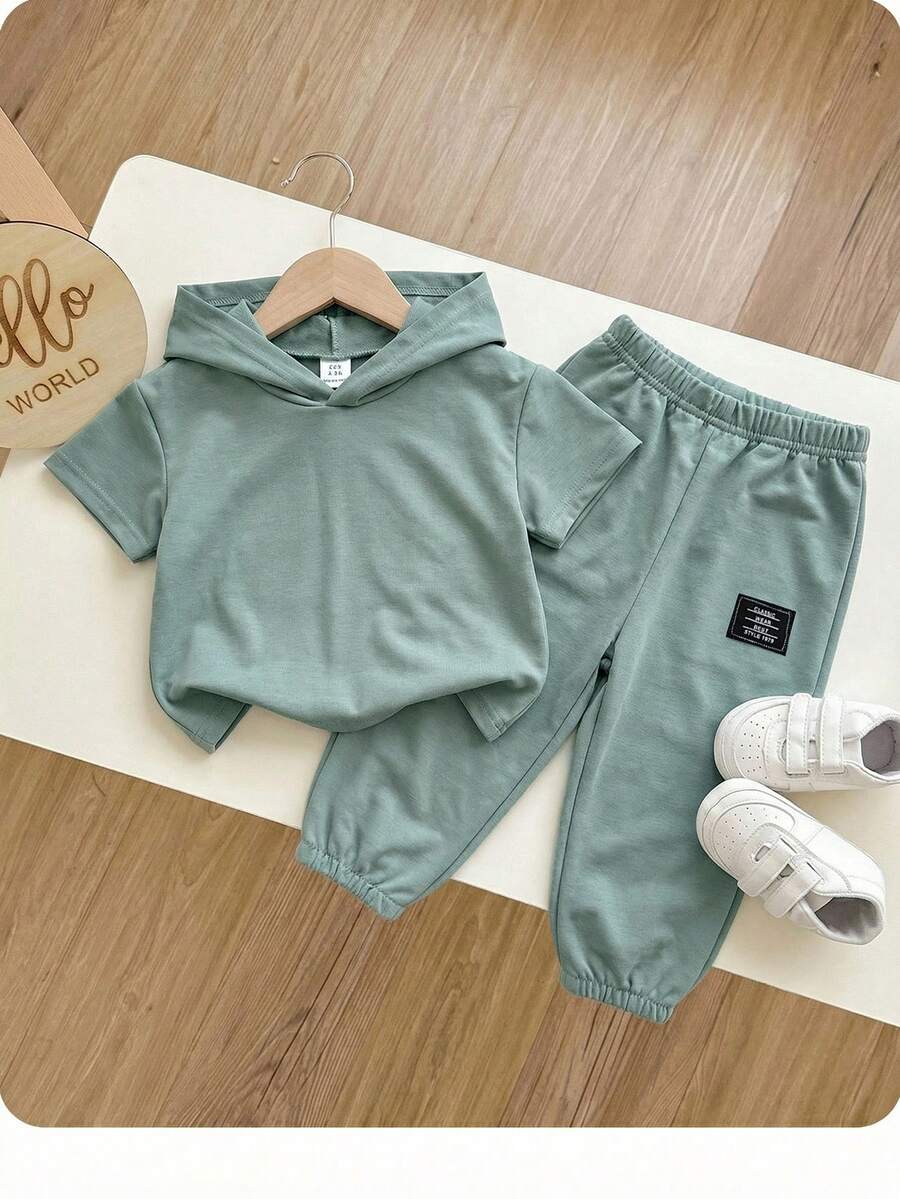 SHEIN Baby Boy/Girl Sage Green Striped Contrast Color Hooded Sleeveless Top,Elastic Waist Pants 2-Piece Set,Summer Casual Vacation Collegiate Style Outfit - Multicolor - View 1