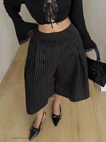 POPSWAY Spring, Summer, New Elegant Fashion Casual Design Rolled Hem Cropped High Waist Wide Leg Pants For Women, Loose Slimming Versatile Business Casual - Black and White - View 7