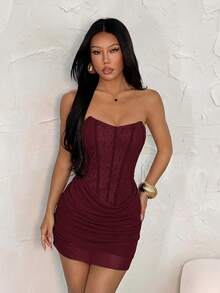 SHEIN PETITE Women's Standard Size Bandeau Lace Ruffle Sexy Dress - Burgundy - View 3