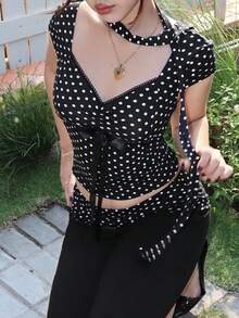 ROMWE X Isabelle Nguyen Y2K Polka Dot Bowknot Design Women T-Shirt - Black - View 1