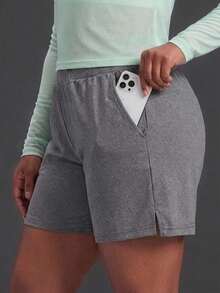 Powerista Women's Plus Size Floral Grey Fitted Zipper Pocket Sports Shorts For Gym Running Indoor Outdoor Apparel Breathable Lightweight Quick-Dry - Grey - View 2