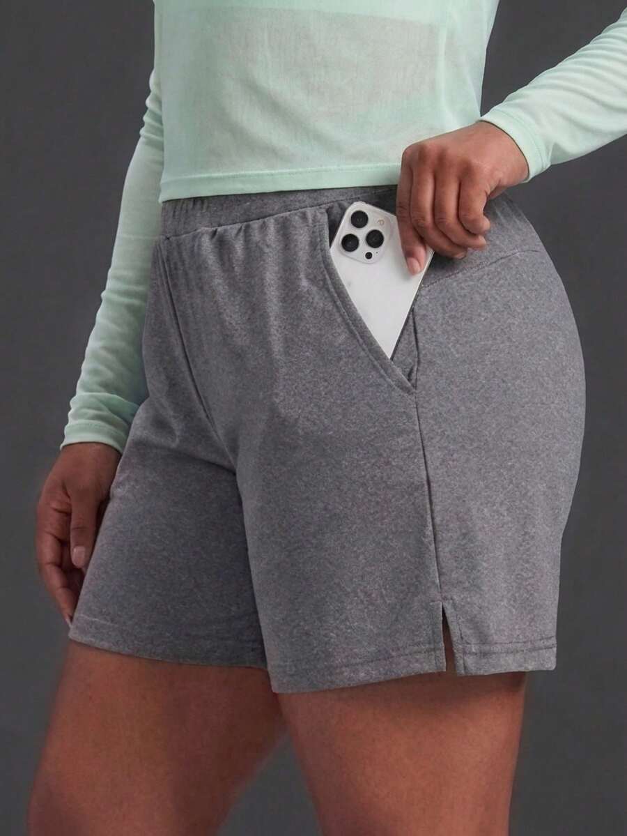 Powerista Women's Plus Size Floral Grey Fitted Zipper Pocket Sports Shorts For Gym Running Indoor Outdoor Apparel Breathable Lightweight Quick-Dry