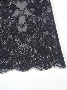 SHEIN 女童（大童）休閒基礎款歐式極簡居家法式蕾絲拼接短袖圓領寬鬆針織洋裝 - 黑色 - 查看 5