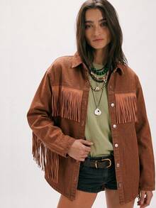 Bohemela Women's Drop Shoulder Long Sleeve Single-Breasted Casual Fringe Design Denim Jacket - Khaki - View 7