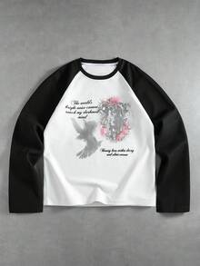 ROMWE MEN Men's Waffle Fabric Printed Pattern Loose Raglan Sleeve T-Shirt - Black and White - View 1