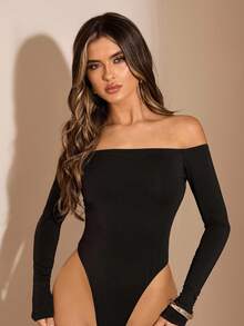 SHEIN BAE 1pc Women's Solid Black Off Shoulder Long Sleeve Backless Bodysuit, Elegant Bodysuit, Autumn/Winter Layering Bodysuit - Black - View 2