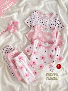 3 Sets Randomly Send 2 Sets Spring Summer Squishy Girls Toddler Outfit Fresh Cute Polka Dot Heart Flower Print Tight Comfortable Short Sleeve Long Pants Loungewear - Orange - View 3