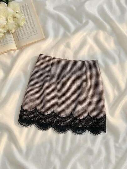SHEIN MOD Women's Lace Patchwork Plaid French Elegant Skirt Brunch Tea Party Black Gingham Autumn Halloween