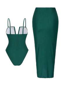 Swim Oasis 2pcs/Set Sexy Solid Color V-Neck Ruched Spaghetti Strap Bandeau One-Piece Swimsuit & Front Twist Split Beach Dress Set - Green - View 2
