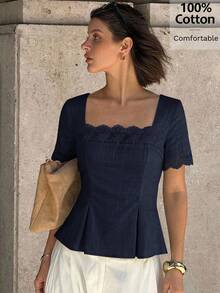 Siren Gaze Women's Solid Color Pleated Casual Versatile Daily Wear Blouse - Navy Blue - View 6
