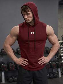GymBeat Men's Graphic Print Hooded Neck Pocket Fashion Sports Tank Top, Gym Summer - Burgundy - View 3
