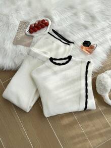 SHEIN Tween Girls 2pcs Sweater Set, Minimalist Black & White Color Block Half-High Neck Sweater & Pants, Striped Loose Slouchy Knit Pullover, Autumn/Winter New Base Layer Innerwear & Outerwear Round Neck Sweater - White - View 6