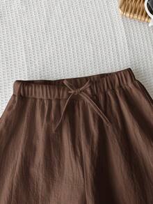 SHEIN 青少年女孩休閒簡約舒適中腰直筒百搭長褲 - 棕色 - 查看 4