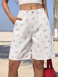 SHEIN PETITE 女款碎花口袋寬鬆休閒百慕大牛仔短褲 - 彩色 - 查看 7