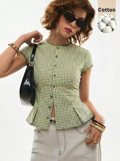 Poéselle Women's Cap Sleeve Plaid Waist-Cinching Blouse