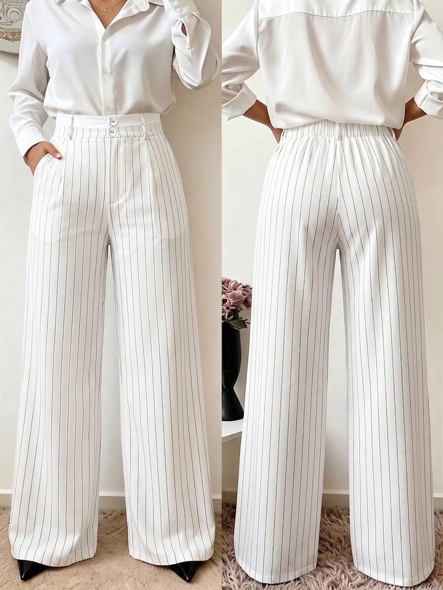 GlowEve CURVE Plus Size Women's Fashion Versatile Commute Daily Striped Print Long Pants With Pockets - Multicolor - View 1