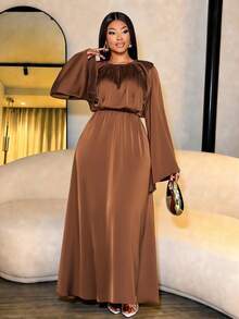 SOLERSUN Plus Size Women's Fashion Solid Color Satin Shiny Fabric Round Neck Elastic Waist Slimming Elegant Exquisite Loose High-End Temperament Light Luxury Long A-Line Big Flared Long Sleeve Dress, Maxi Dress, Daily Commuting All-Match Women's Clothing, New Style, Music Festival, Party, Birthday Party, Solid Color Dress, Christmas, New Year, Fall, Winter,Modest - Brown - View 4