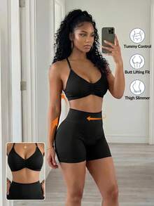 Gameset SHEIN Sport 女士纯色褶皱吊带文胸和短裤运动套装 - 紅色 - 查看 8