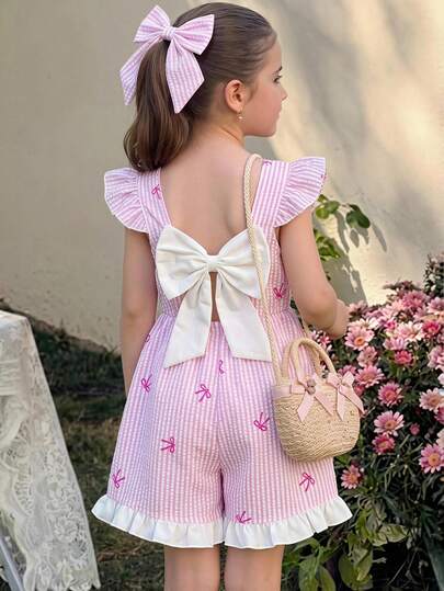 SHEIN Mono de moda para niñas jóvenes con estampado floral texturizado y lazo, mono sin espalda con lazo, mangas volantes a rayas y ribete de encaje, conjunto elegante & cómodo para niños, adecuado para exteriores, eventos, fiestas, uso diario