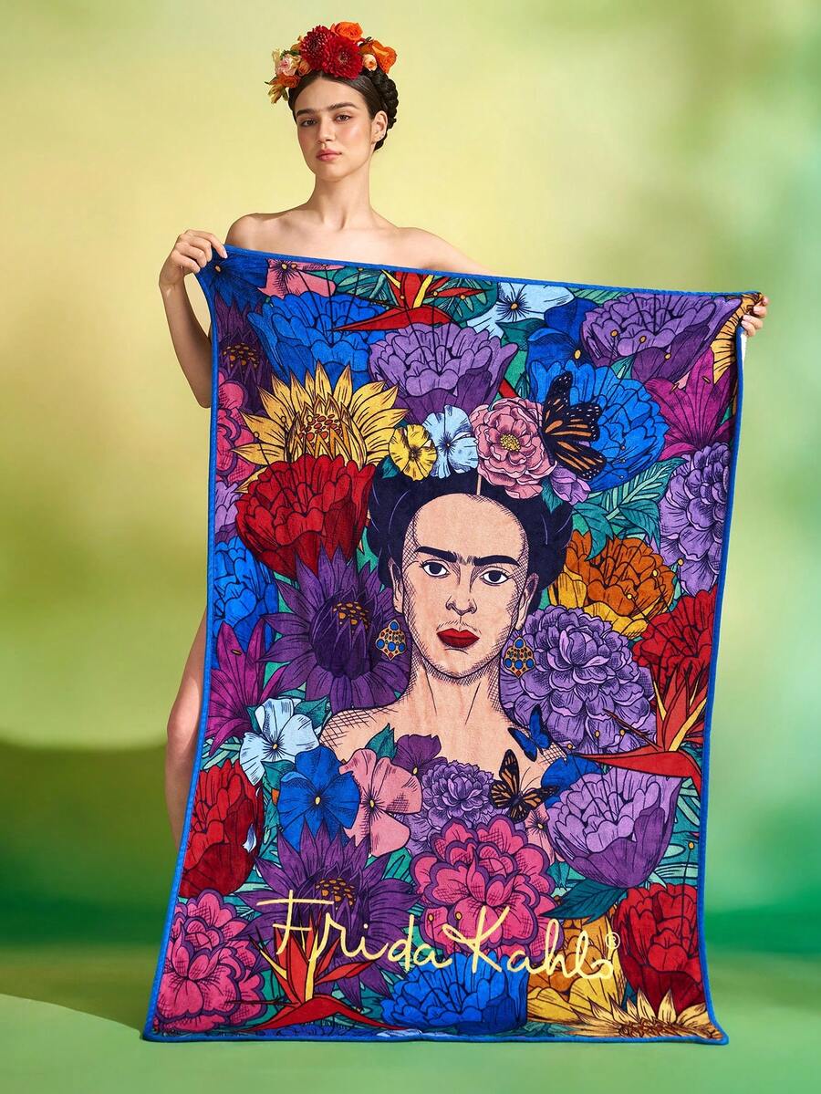 Frida Kahlo X SHEIN 1件裝可愛印花加厚毯,柔軟保暖不易掉毛,多尺寸可選,適用沙發、床鋪、午休使用 - 多彩藍 - 查看 1