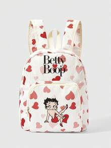 Betty Boop x SHEIN 愛心與復古人物字母印花女款時尚後背包 多口袋大容量通勤包 - 卡通-4 - 查看 1