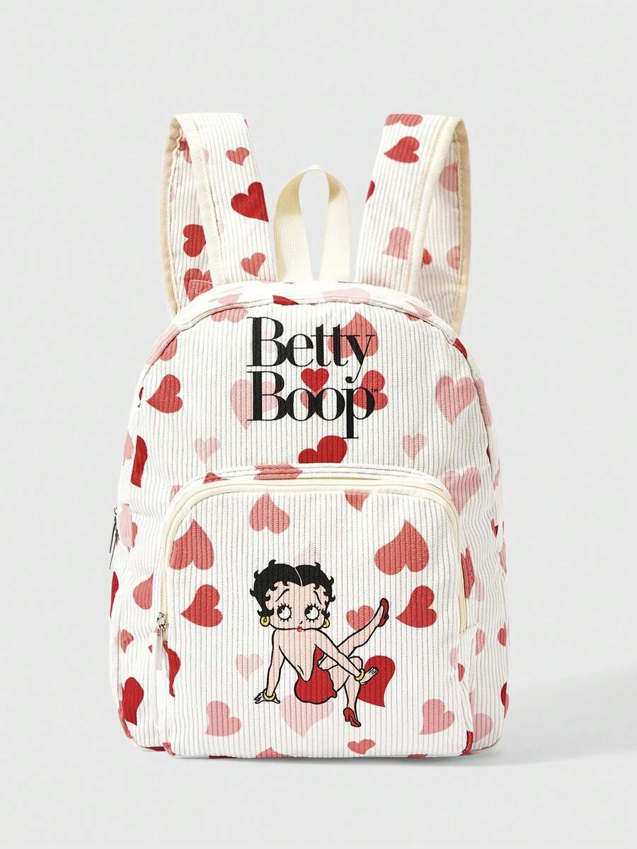 Betty Boop x SHEIN 愛心與復古人物字母印花女款時尚後背包 多口袋大容量通勤包 - 卡通-4 - 查看 1