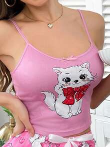 Cute Cat Bowknot Strap Camisole Top Women Sleepwear Holiday Season - Multicolor - View 6
