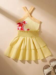 SHEIN Elladie kids 女童度假休閒掛脖無袖修身花卉印花背心上衣，彈性腰純色荷葉邊分層裙，2件套，田園鄉村風，海灘度假風，日常休閒出遊，夏季，夏日洋裝，夏日穿搭 - 杏色 - 查看 5