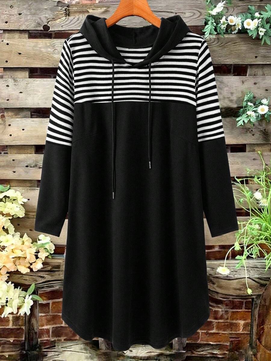 Linhara Plus Size Women's Elegant Casual Hooded Striped Color Block Patchwork Dress, Slimming Minimalist Straight Cut, Daily Commute Sports Autumn Fall - Black and White - View 1
