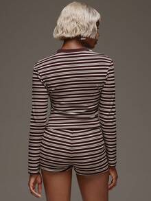 Normani Women's Fashion Striped Button Long Sleeve Top And Drawstring Waist Shorts 2 Pieces Set - Chocolate Brown - View 2