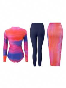 Swim Shayni Set Burkini 3 Potong Wanita Kasual Modis Motif Tie-Dye Colorblock - MultiWarna - View 2