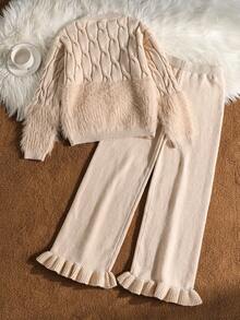 SHEIN Fashionable Knitted 2-Piece Set Autumn/Winter Girls Round Neck Fuzzy Pullover Sweater With Twisted Rope Long Sleeve Top And Ruffle Hem Long Pants, Casual Warm And Comfortable For Daily Wear - Khaki - View 2